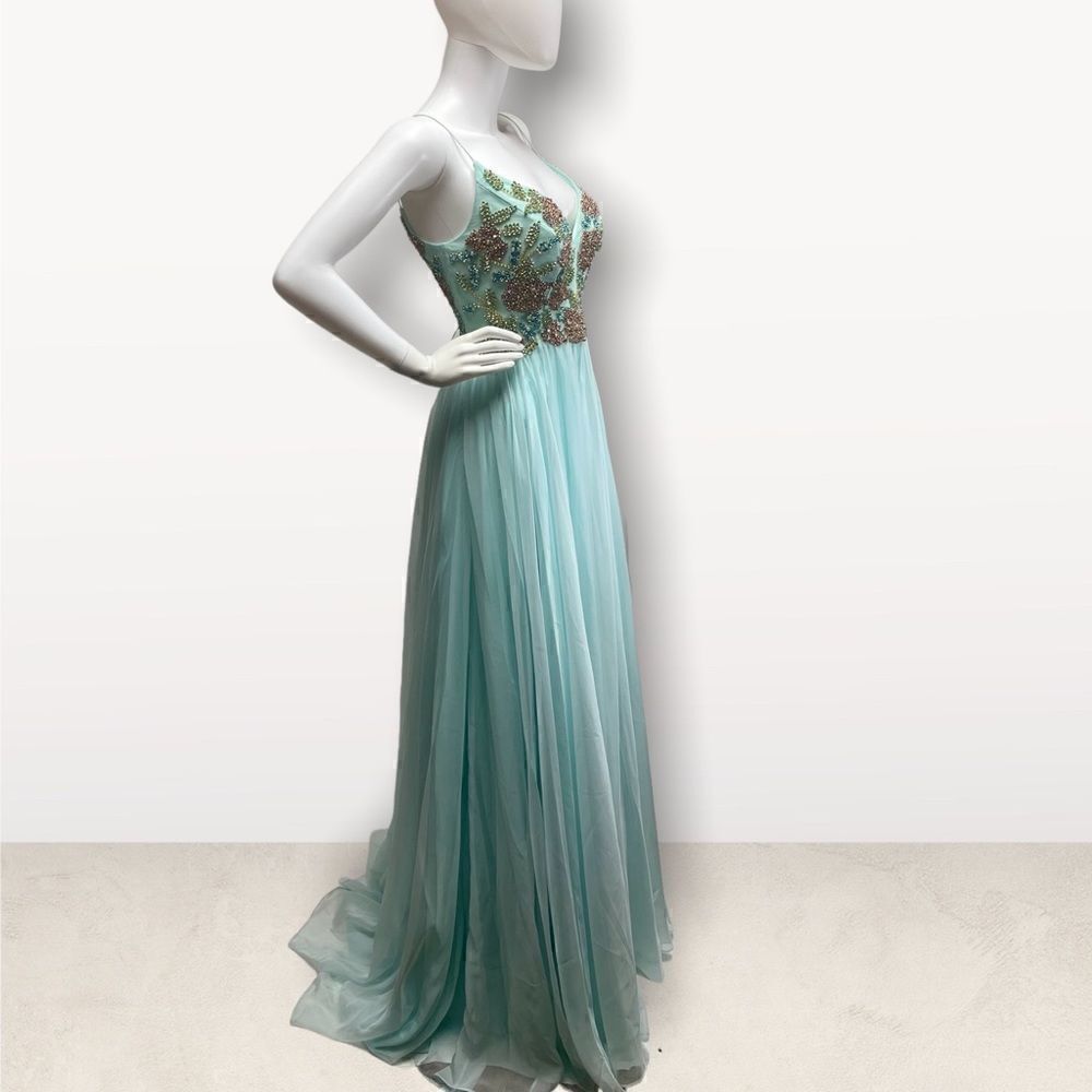 Mac Duggal Light Blue Embellished Tulle Evening Gown Lace Up Back Slit Dress - Picture 6 of 8